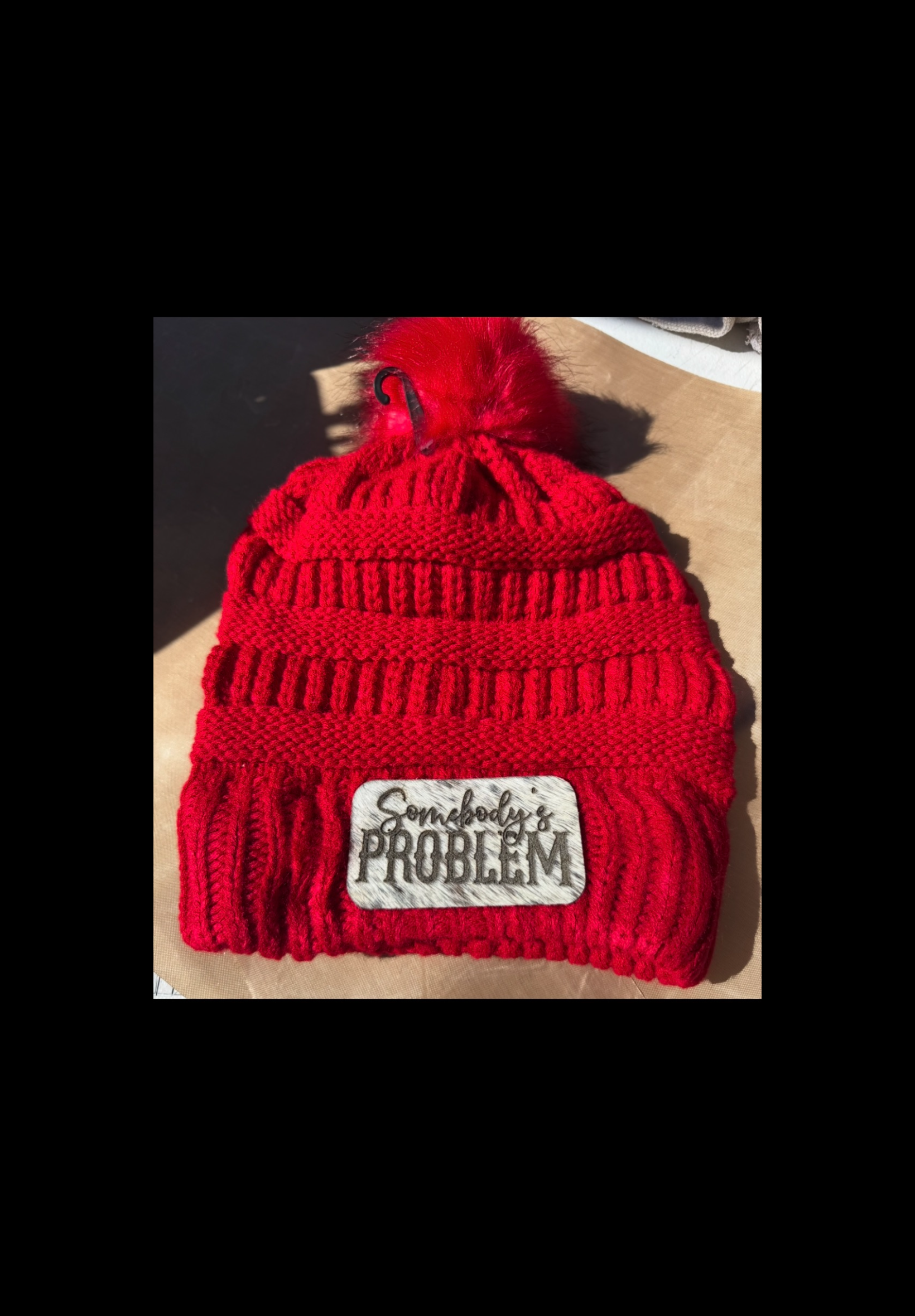 Adult Pom Pom beanie with horse hair patch- Somebody’s Problem or any patch of your choice
